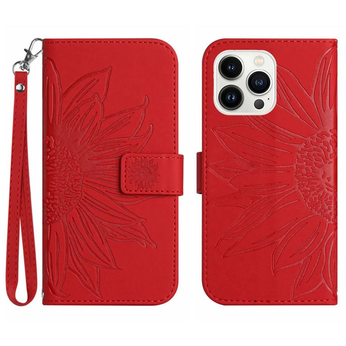 HT04 For iPhone 16 Pro Max Case Sunflower Leather Handbag Flip Phone Cover - Red - 1