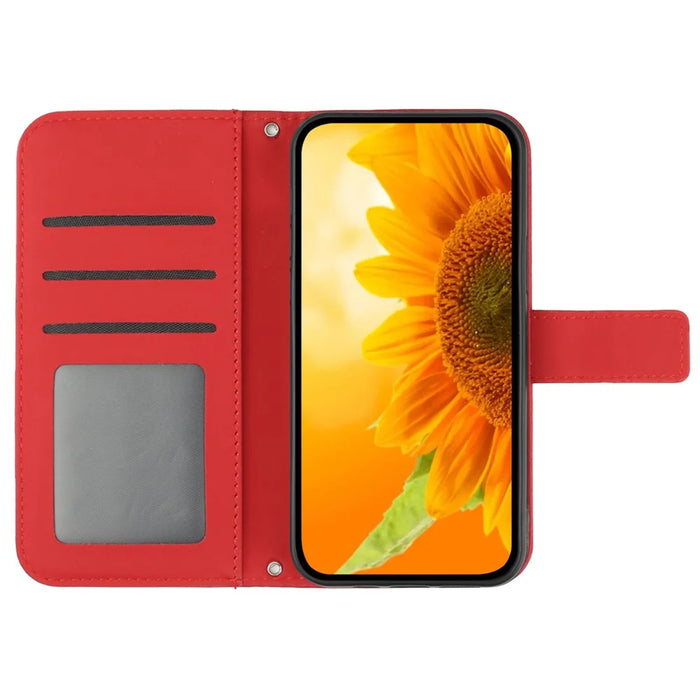 HT04 For iPhone 16 Pro Max Case Sunflower Leather Handbag Flip Phone Cover - Red - 2