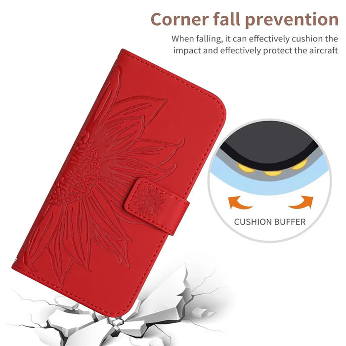 HT04 For iPhone 16 Pro Max Case Sunflower Leather Handbag Flip Phone Cover - Red - 5
