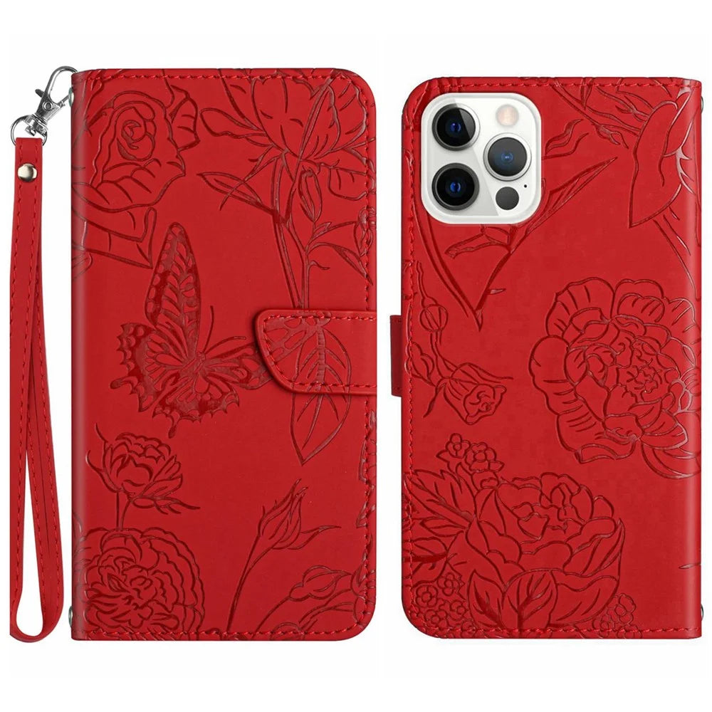 HT03 For iPhone 16 Pro Max Case PU Leather Phone Cover Butterfly Flower Imprinted - Red - 1