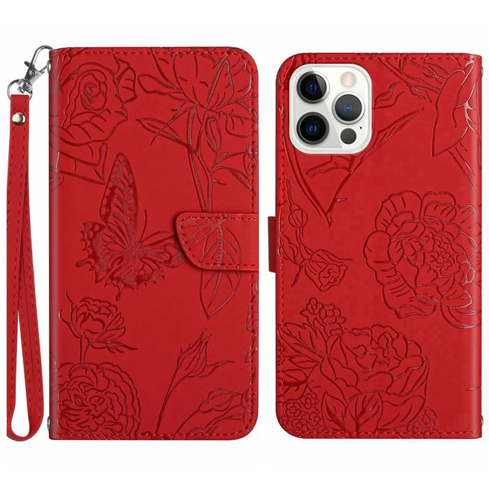 HT03 For iPhone 16 Pro Max Case PU Leather Phone Cover Butterfly Flower Imprinted - Red - 1