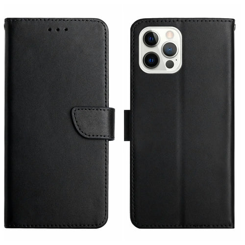 HT02 For iPhone 16 Pro Max Case Nappa Texture Genuine Cow Leather Flip Phone Cover - Black - 1