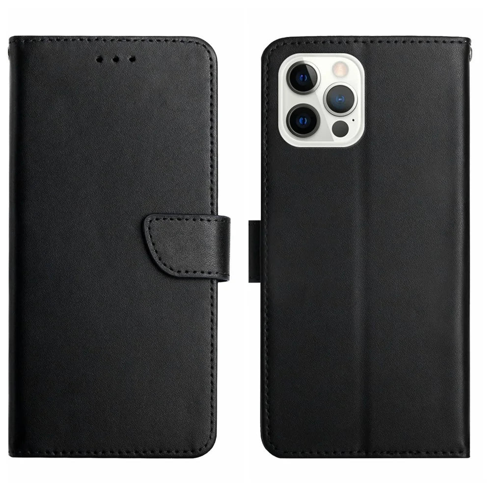 HT02 For iPhone 16 Pro Max Case Nappa Texture Genuine Cow Leather Flip Phone Cover - Black - 1