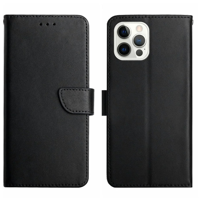 HT02 For iPhone 16 Pro Max Case Nappa Texture Genuine Cow Leather Flip Phone Cover - Black - 1