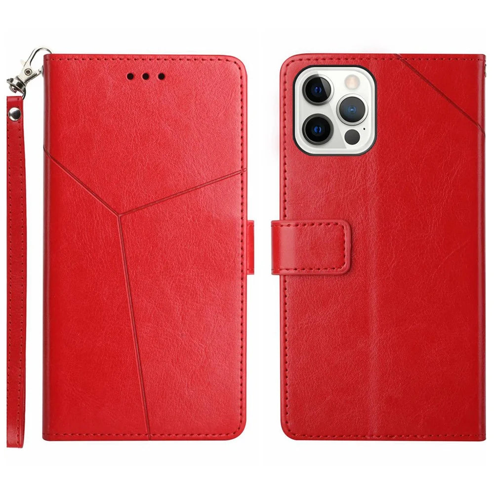 For iPhone 16 Pro Case with Wrist Strap Y Shaped Lines Imprint Leather Phone Cover - Red - 1