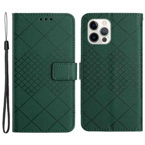 HT06 For iPhone 16 Pro Case Litchi Texture Leather Wallet Rhombus Phone Cover - Green - 1