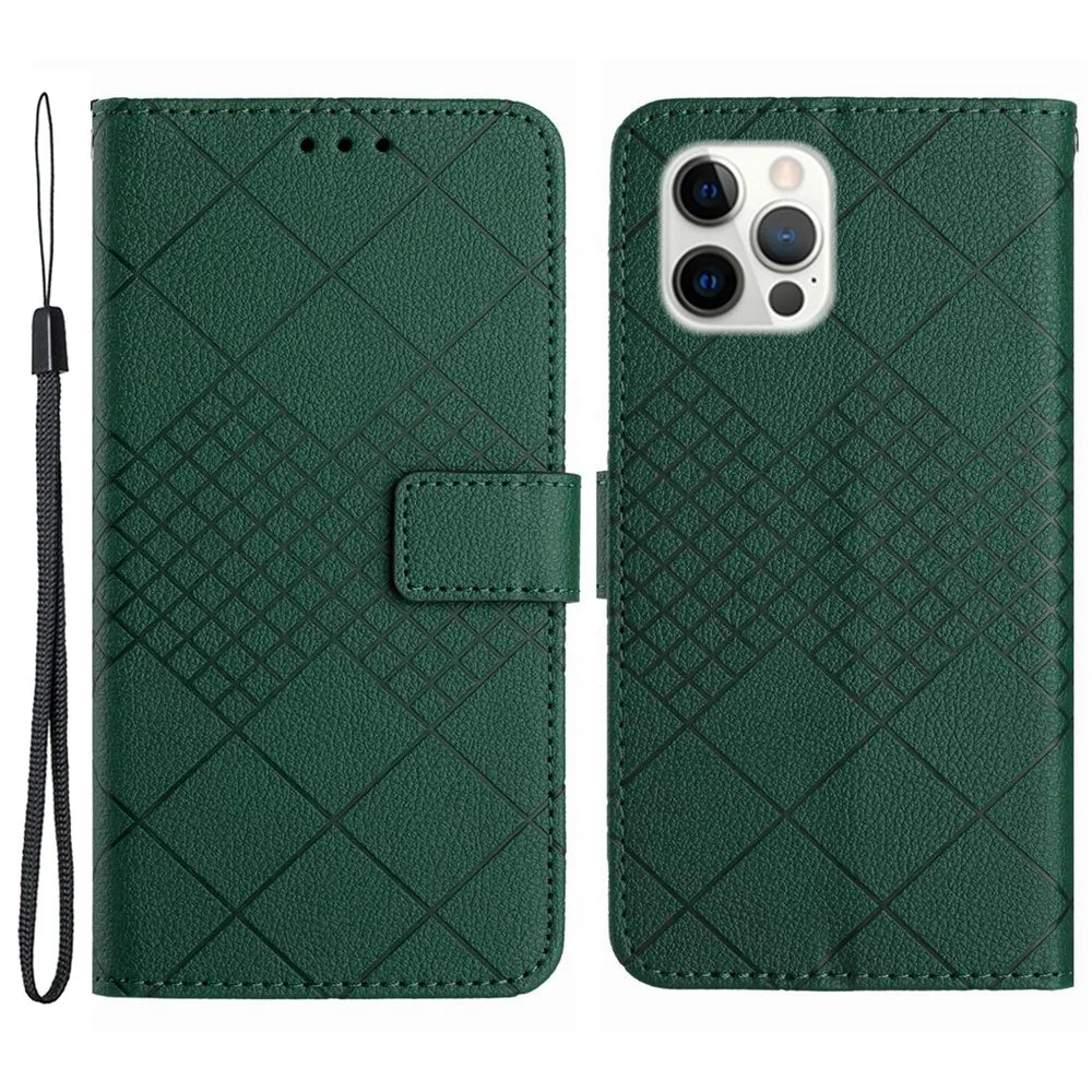 HT06 For iPhone 16 Pro Case Litchi Texture Leather Wallet Rhombus Phone Cover - Green - 1
