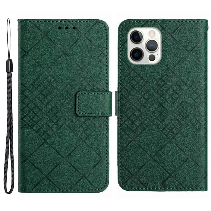 HT06 For iPhone 16 Pro Case Litchi Texture Leather Wallet Rhombus Phone Cover - Green - 1