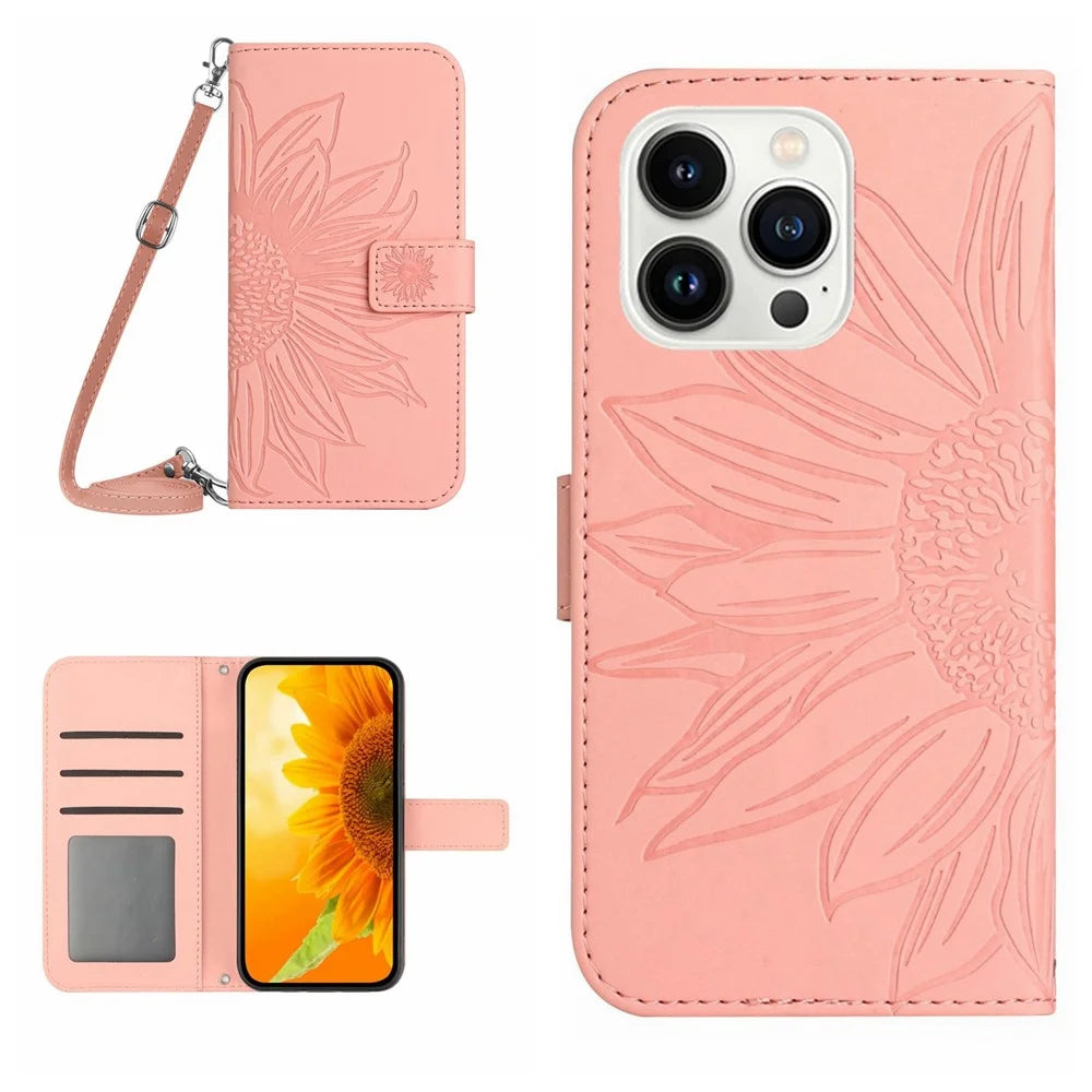 HT04 For iPhone 16 Pro Case Sunflower Imprint Leather Phone Cover with Shoulder Strap - Pink - 1