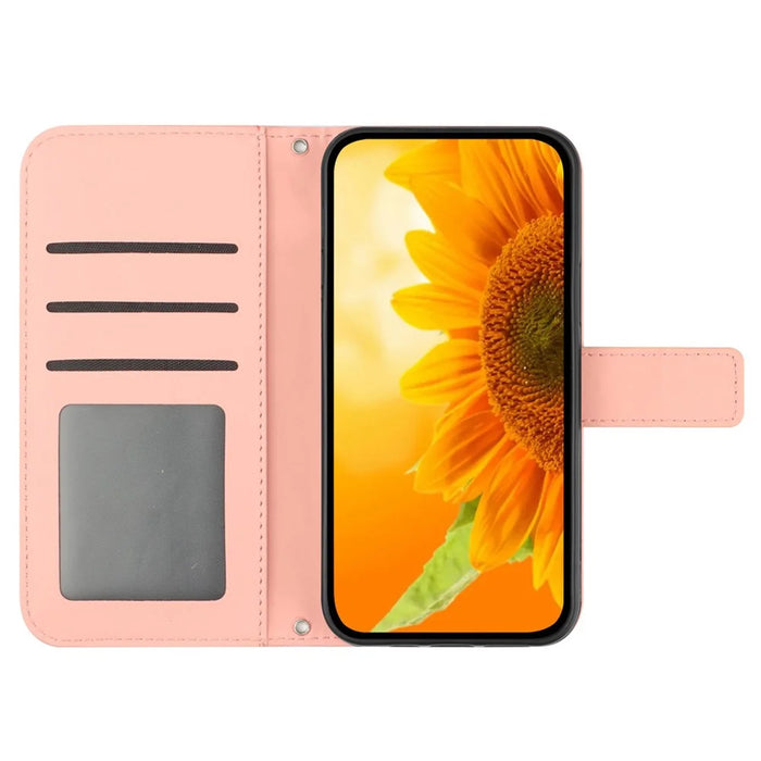 HT04 For iPhone 16 Pro Case Sunflower Imprint Leather Phone Cover with Shoulder Strap - Pink - 2