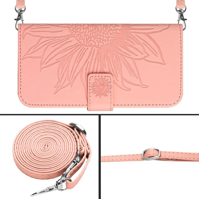 HT04 For iPhone 16 Pro Case Sunflower Imprint Leather Phone Cover with Shoulder Strap - Pink - 5