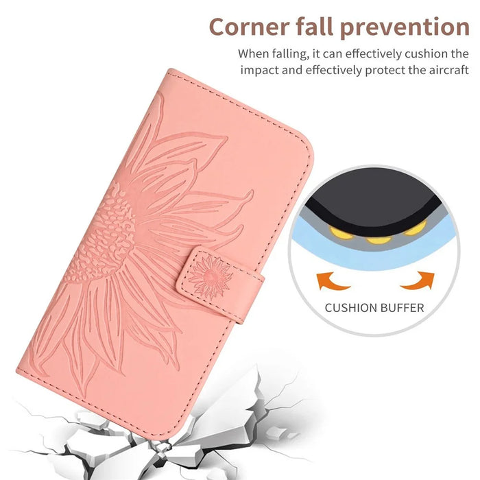 HT04 For iPhone 16 Pro Case Sunflower Imprint Leather Phone Cover with Shoulder Strap - Pink - 7
