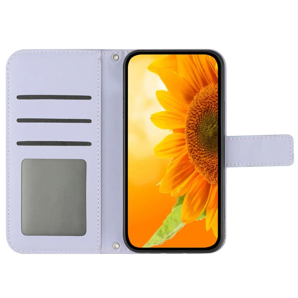 HT04 For iPhone 16 Pro Case Sunflower Imprint Leather Flip Phone Cover with Hand Strap - Light Purple - 2