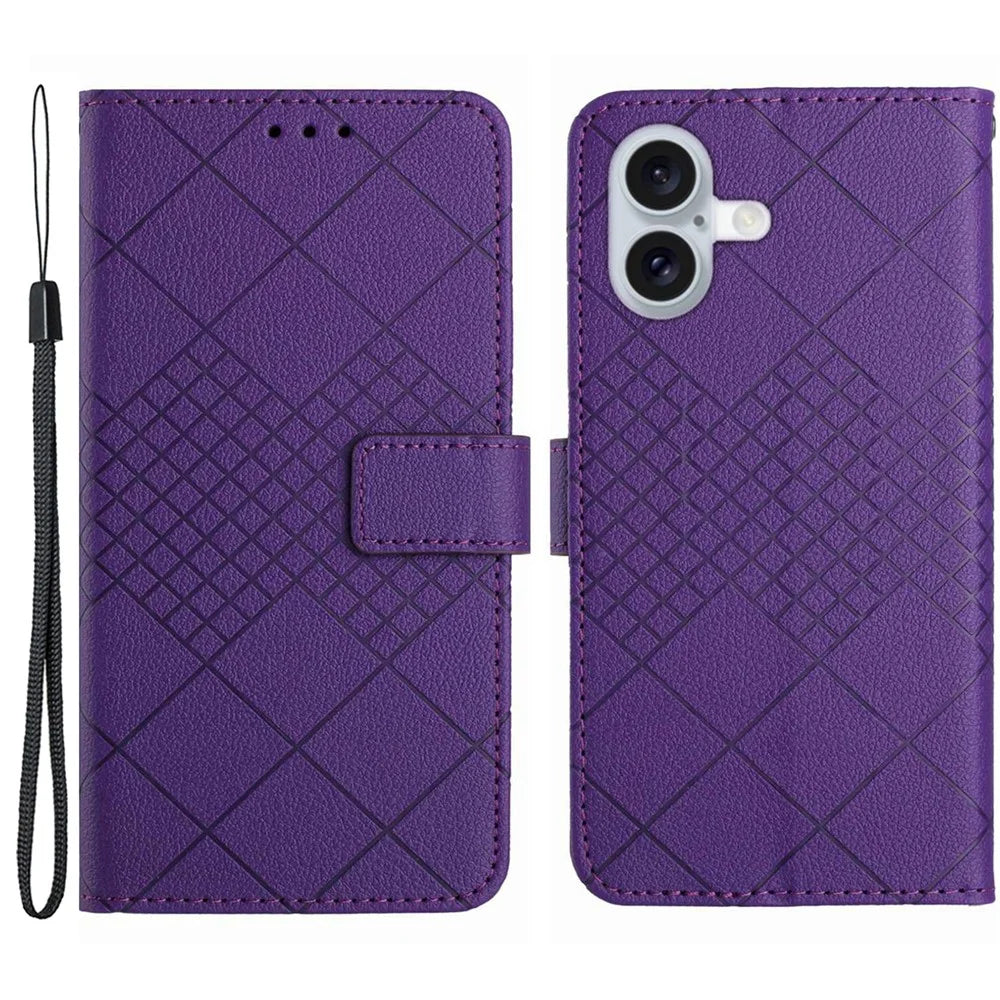 HT06 For iPhone 16 Plus Wallet Case Litchi Texture Rhombus Leather Phone Cover - Dark Purple - 1