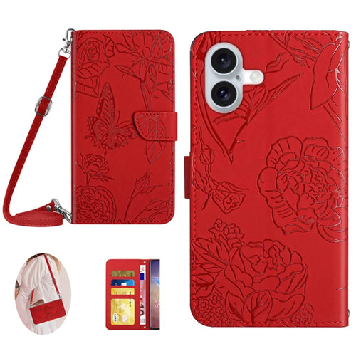 HT03 For iPhone 16 Plus Case Butterfly Flowers Leather Flip Phone Cover Crossbody String - Red - 1