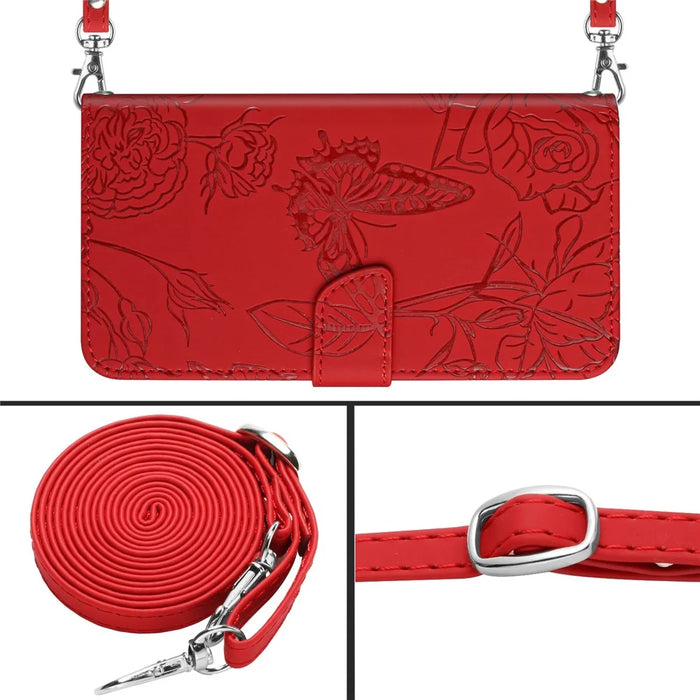HT03 For iPhone 16 Plus Case Butterfly Flowers Leather Flip Phone Cover Crossbody String - Red - 5