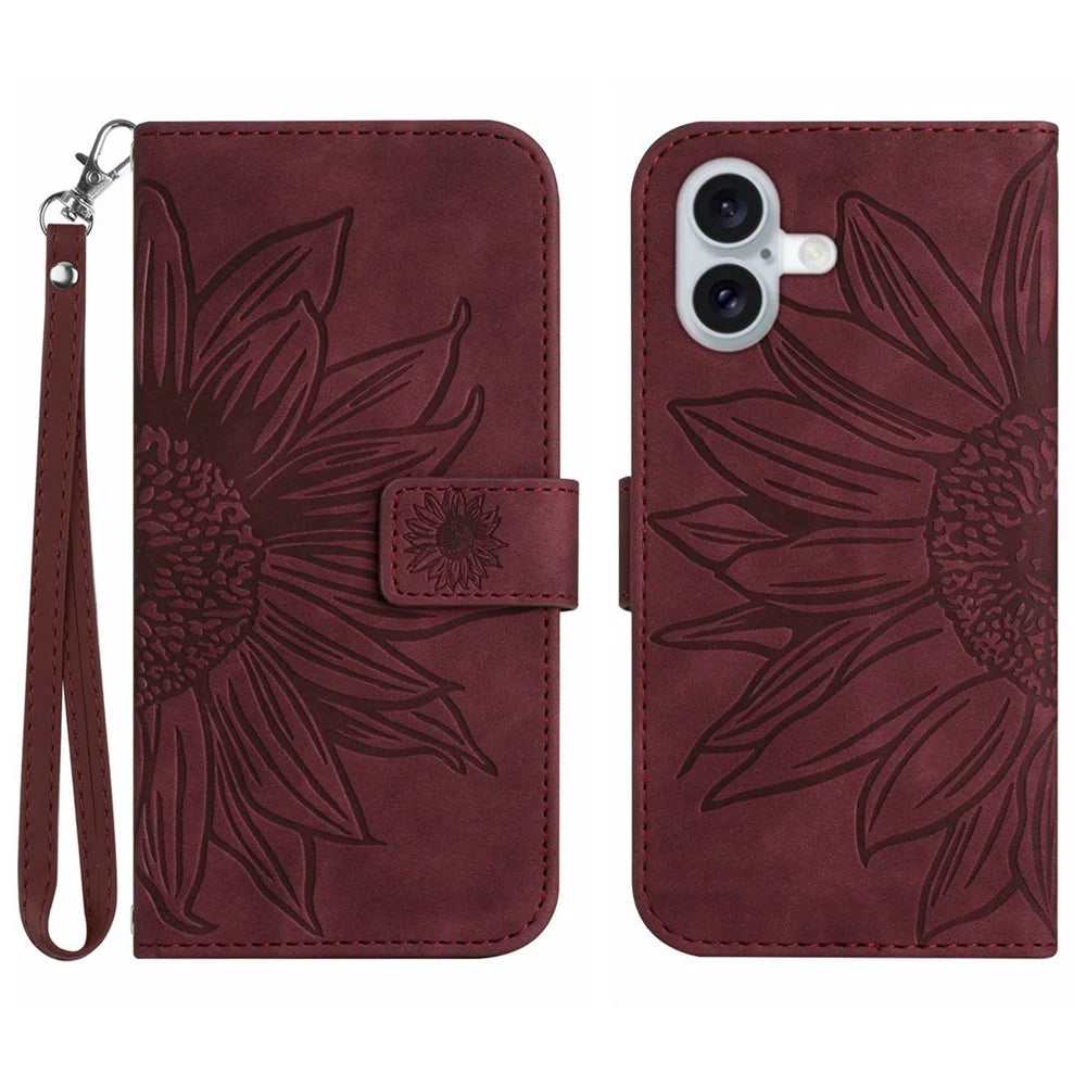 HT04 For iPhone 16 Plus Wallet Case Sunflower Leather Flip Phone Cover with Hand Strap - Wine Red - 1