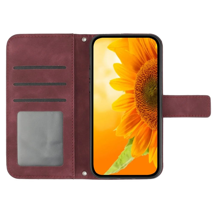 HT04 For iPhone 16 Plus Wallet Case Sunflower Leather Flip Phone Cover with Hand Strap - Wine Red - 2