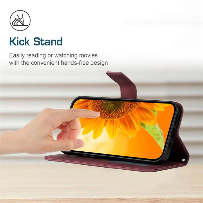 HT04 For iPhone 16 Plus Wallet Case Sunflower Leather Flip Phone Cover with Hand Strap - Wine Red - 3