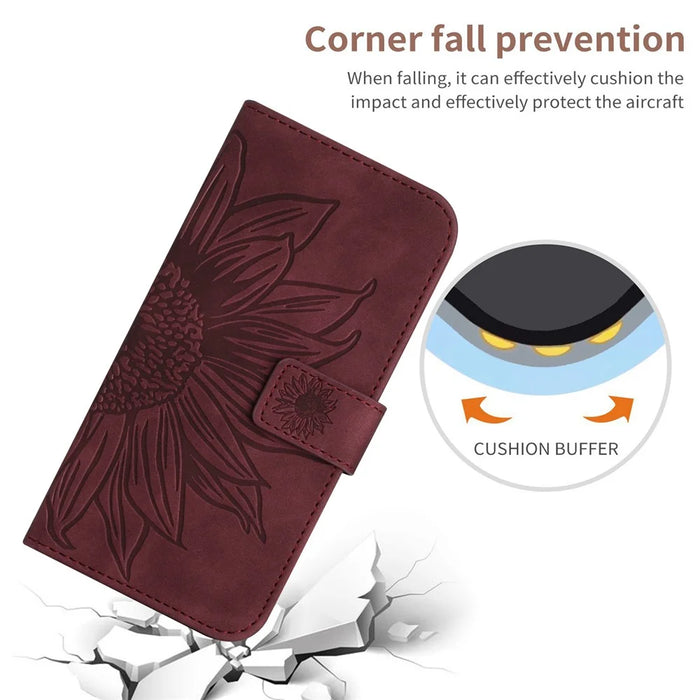 HT04 For iPhone 16 Plus Wallet Case Sunflower Leather Flip Phone Cover with Hand Strap - Wine Red - 5