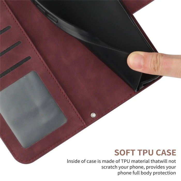HT04 For iPhone 16 Plus Wallet Case Sunflower Leather Flip Phone Cover with Hand Strap - Wine Red - 7