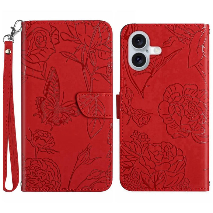 HT03 For iPhone 16 Plus Case Butterfly Flower Imprint Shockproof Leather Phone Cover - Red - 1