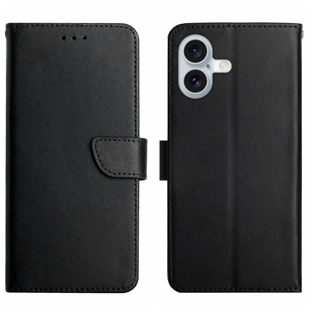 HT02 For iPhone 16 Plus Case Nappa Grain Wallet Genuine Cow Leather Phone Cover - Black - 1