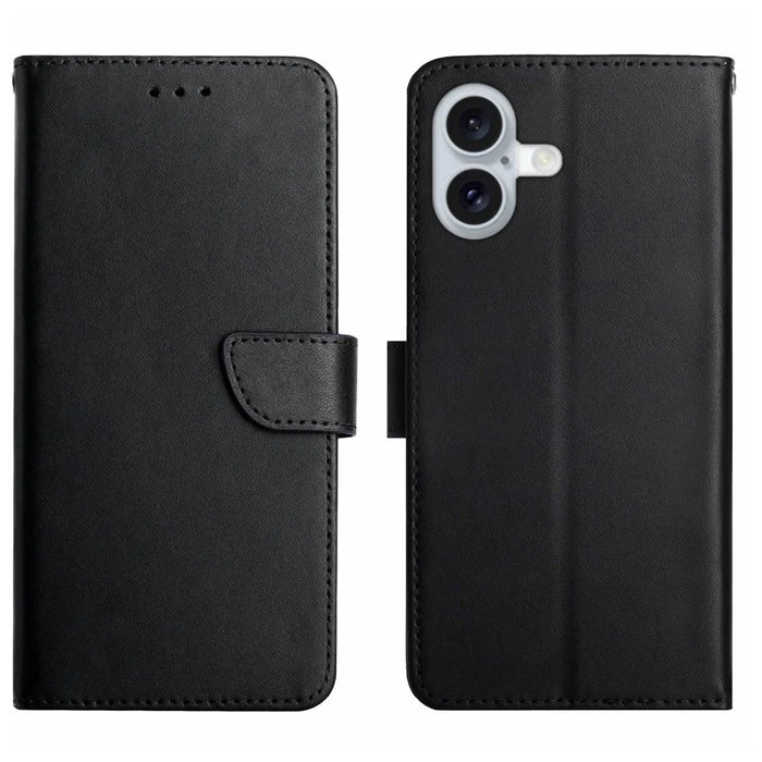 HT02 For iPhone 16 Plus Case Nappa Grain Wallet Genuine Cow Leather Phone Cover - Black - 1