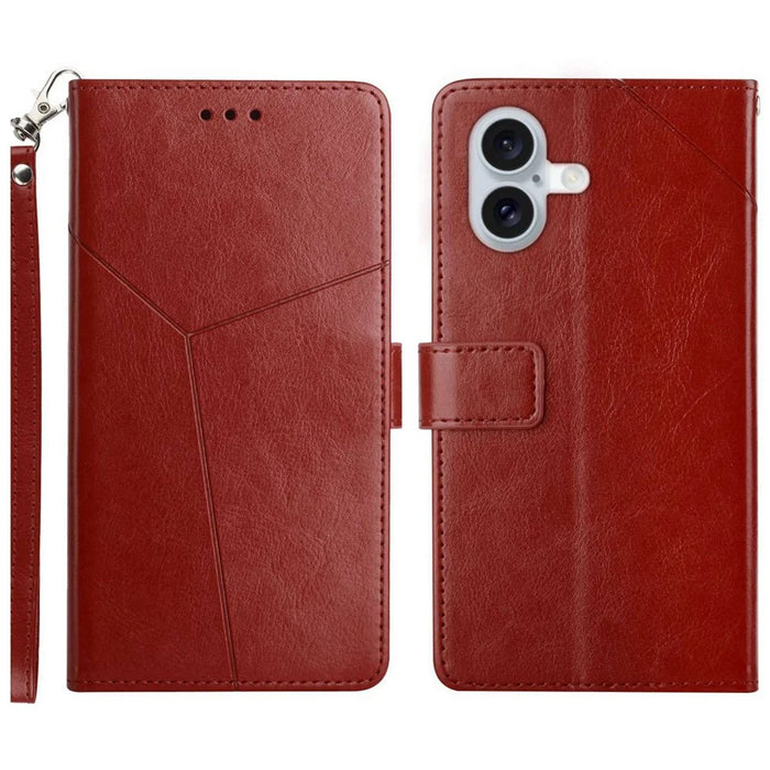 For iPhone 16 Plus Case with Wrist Strap Y Shaped Lines Imprint Leather Phone Cover - Brown - 1