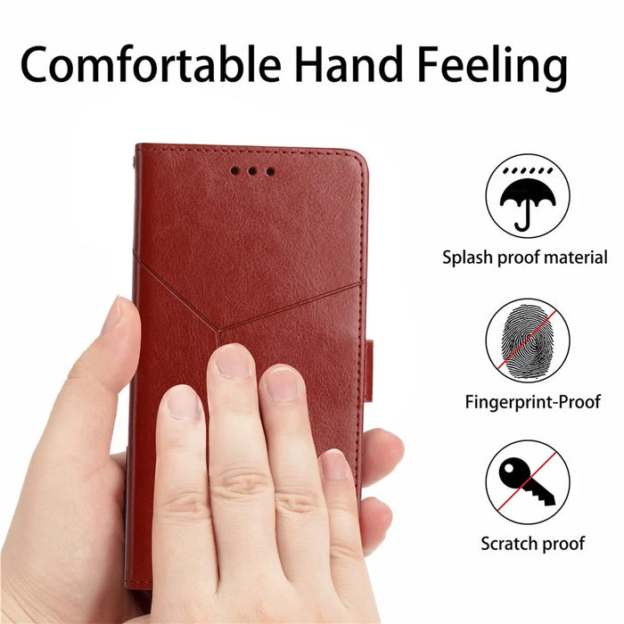 For iPhone 16 Plus Case with Wrist Strap Y Shaped Lines Imprint Leather Phone Cover - Brown - 5