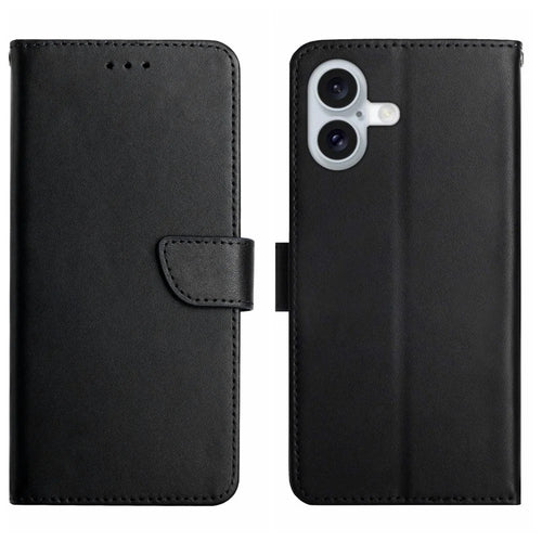 HT02 For iPhone 16 Case Nappa Texture Genuine Cow Leather Flip Phone Cover - Black - 1