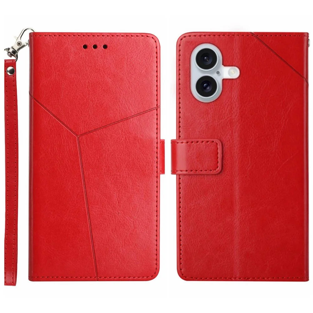 For iPhone 16 Case with Wrist Strap Y Shaped Lines Imprint Leather Phone Cover - Red - 1