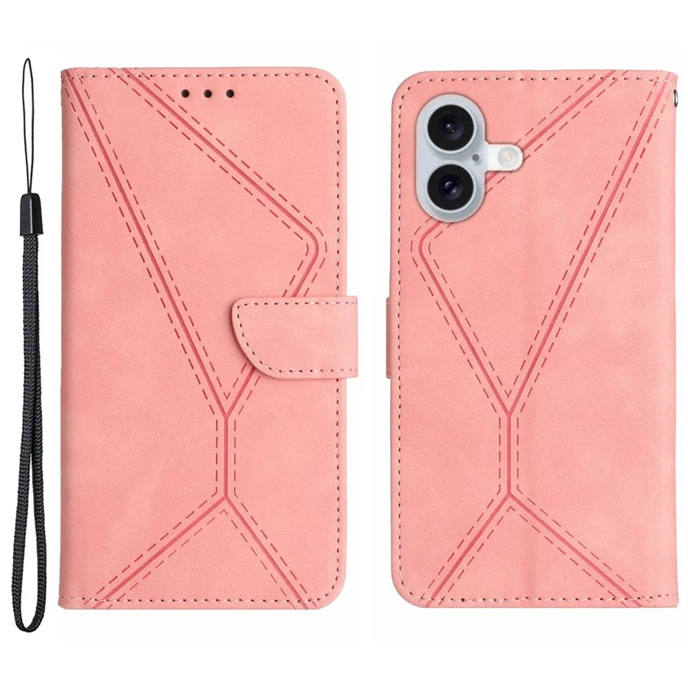 HT05 For iPhone 16 Case Flip Folio Leather Phone Cover with Credit Card Holder - Pink - 1
