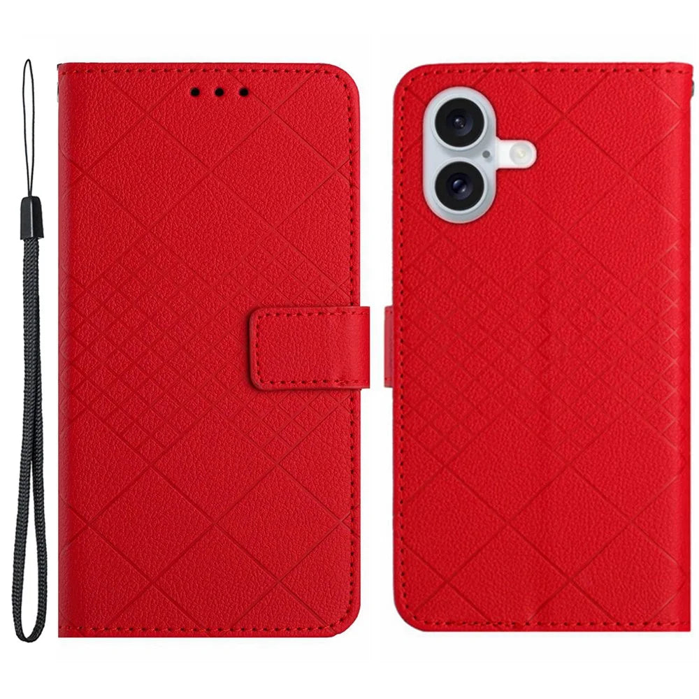 HT06 For iPhone 16 Case Leather Wallet Phone Cover Litchi Texture Rhombus Pattern - Red - 1