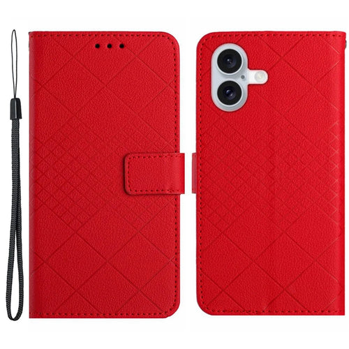 HT06 For iPhone 16 Case Leather Wallet Phone Cover Litchi Texture Rhombus Pattern - Red - 1