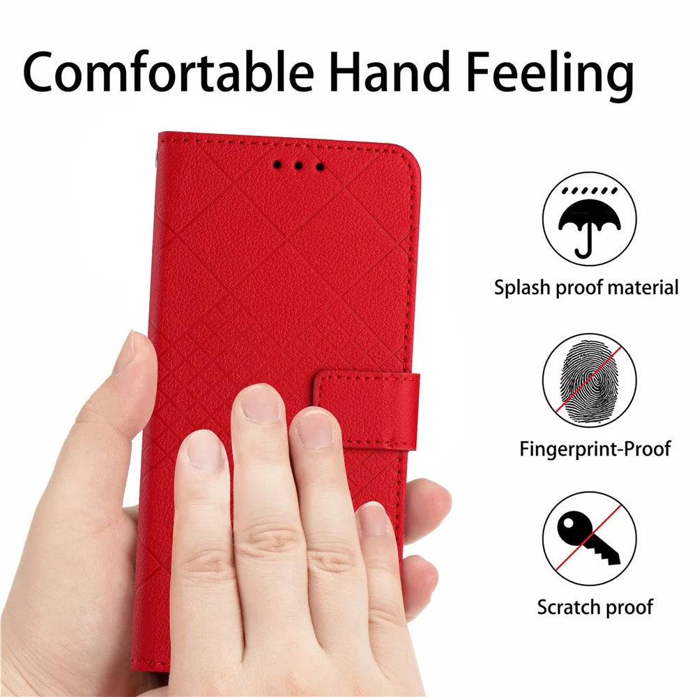 HT06 For iPhone 16 Case Leather Wallet Phone Cover Litchi Texture Rhombus Pattern - Red - 4
