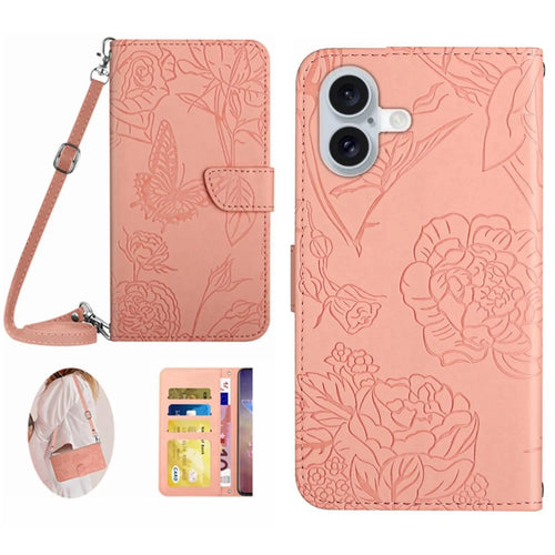 HT03 For iPhone 16 Case Butterfly Flowers Leather Crossbody Phone Cover Skin-Touch - Pink - 1