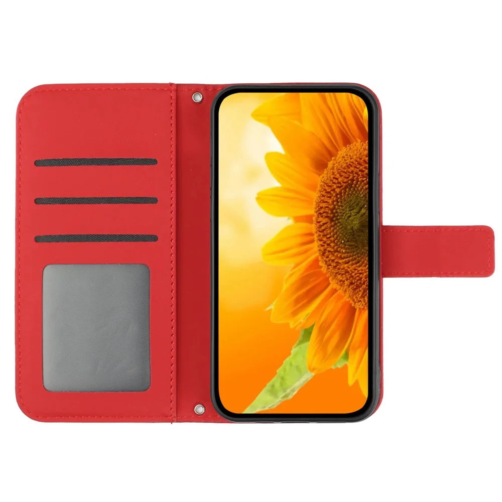 HT04 For iPhone 16 Case Sunflower Skin-Feel Leather Phone Cover with Shoulder Strap - Red - 2