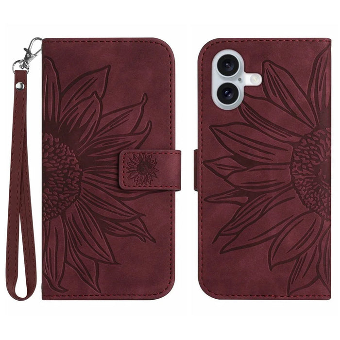 HT04 For iPhone 16 Case Sunflower Imprint Leather Wallet Phone Cover with Hand Strap - Wine Red - 1