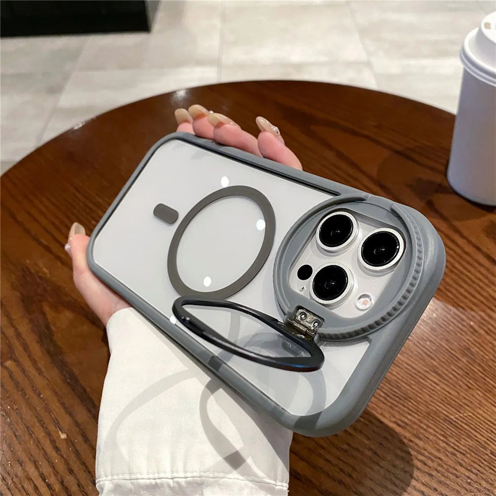 For iPhone 14 Pro Max Case Glass Lens Cover Kickstand TPU+Acrylic Phone Cover Compatible with MagSafe - Grey - 2