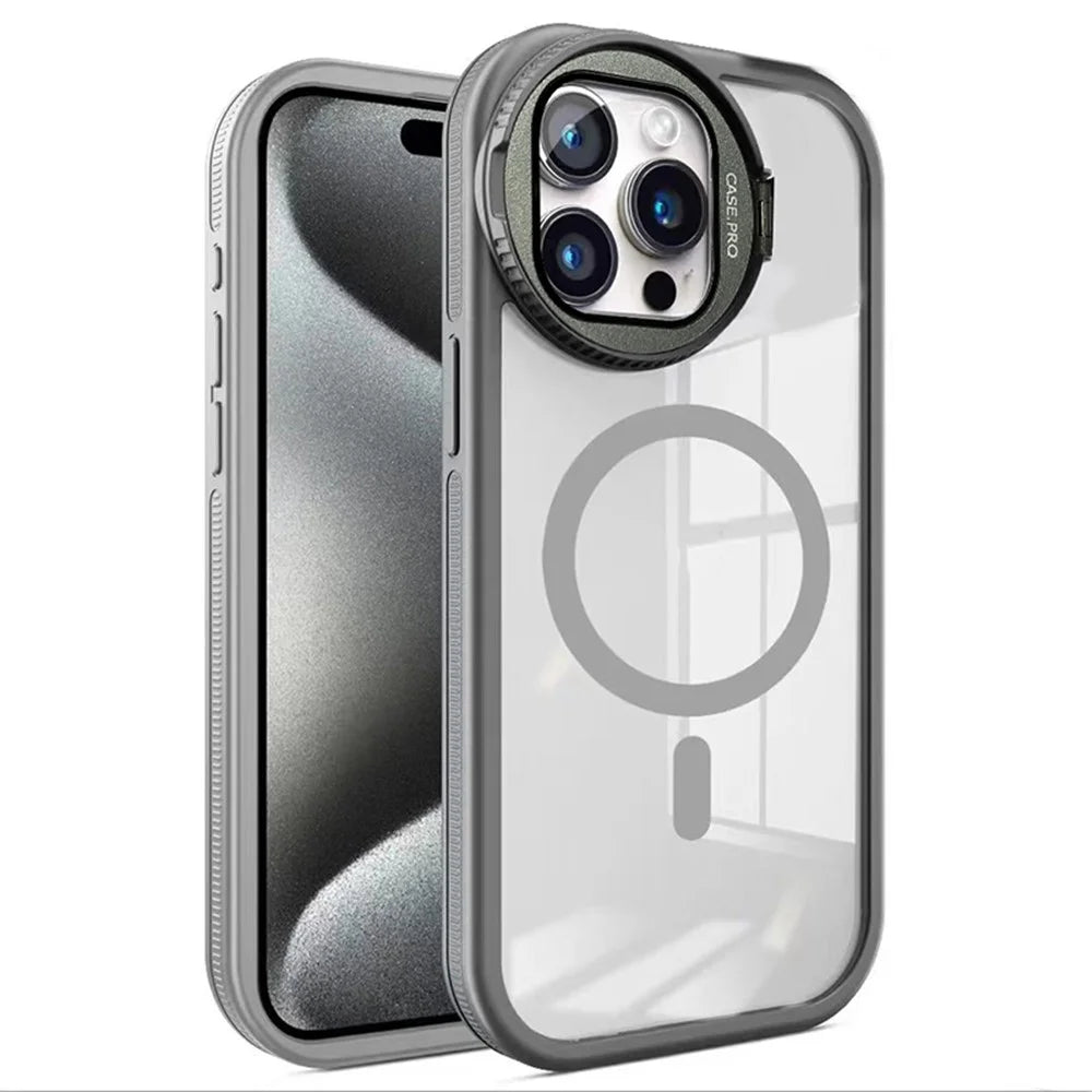 For iPhone 13 Pro Case Lens Guard Kickstand TPU+Acrylic Cell Phone Cover Compatible with MagSafe - Grey - 1