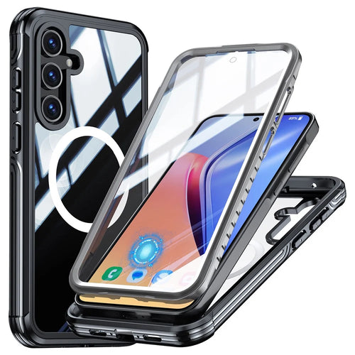 For Samsung Galaxy A55 5G Magnetic Case with Tempered Glass Film PC + TPU Full Protection Cover - Black - 1