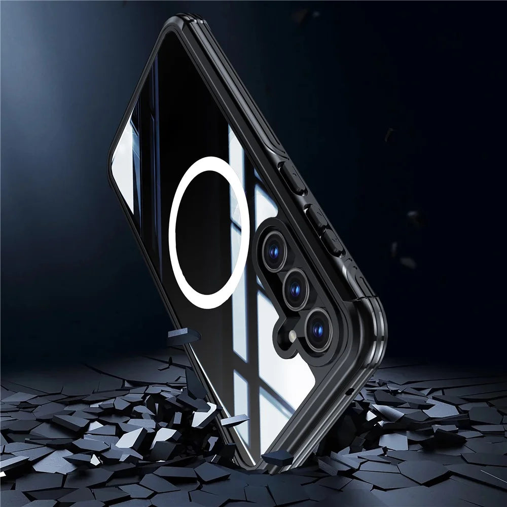 For Samsung Galaxy A55 5G Magnetic Case with Tempered Glass Film PC + TPU Full Protection Cover - Black - 5