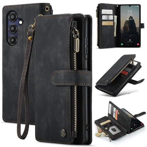 For Samsung Galaxy A25 5G (Global) (161mm) Phone Cases with Strap CASEME C30 Zipper Multiple Card Holder PU Leather Cover - Black - 1