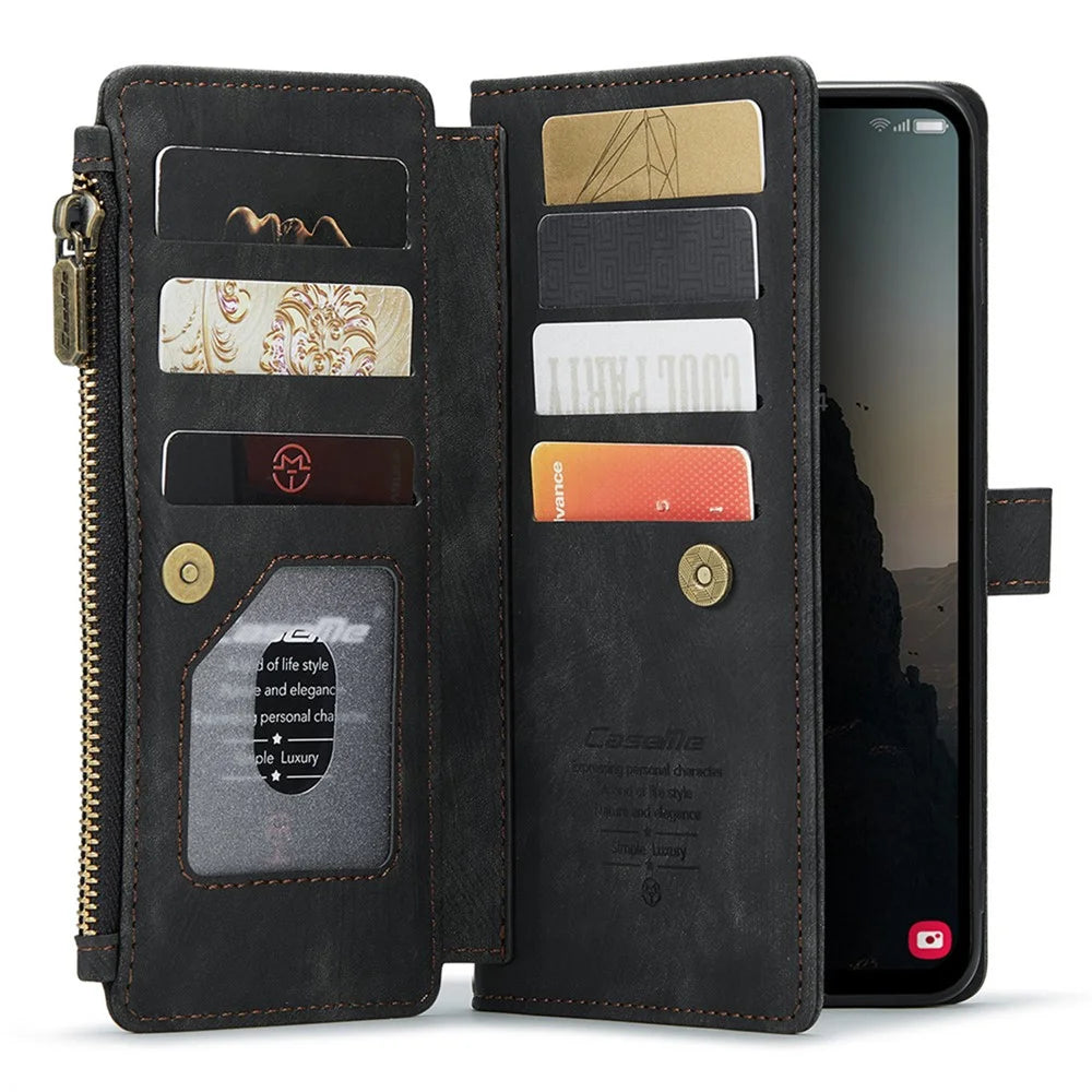 For Samsung Galaxy A25 5G (Global) (161mm) Phone Cases with Strap CASEME C30 Zipper Multiple Card Holder PU Leather Cover - Black - 2