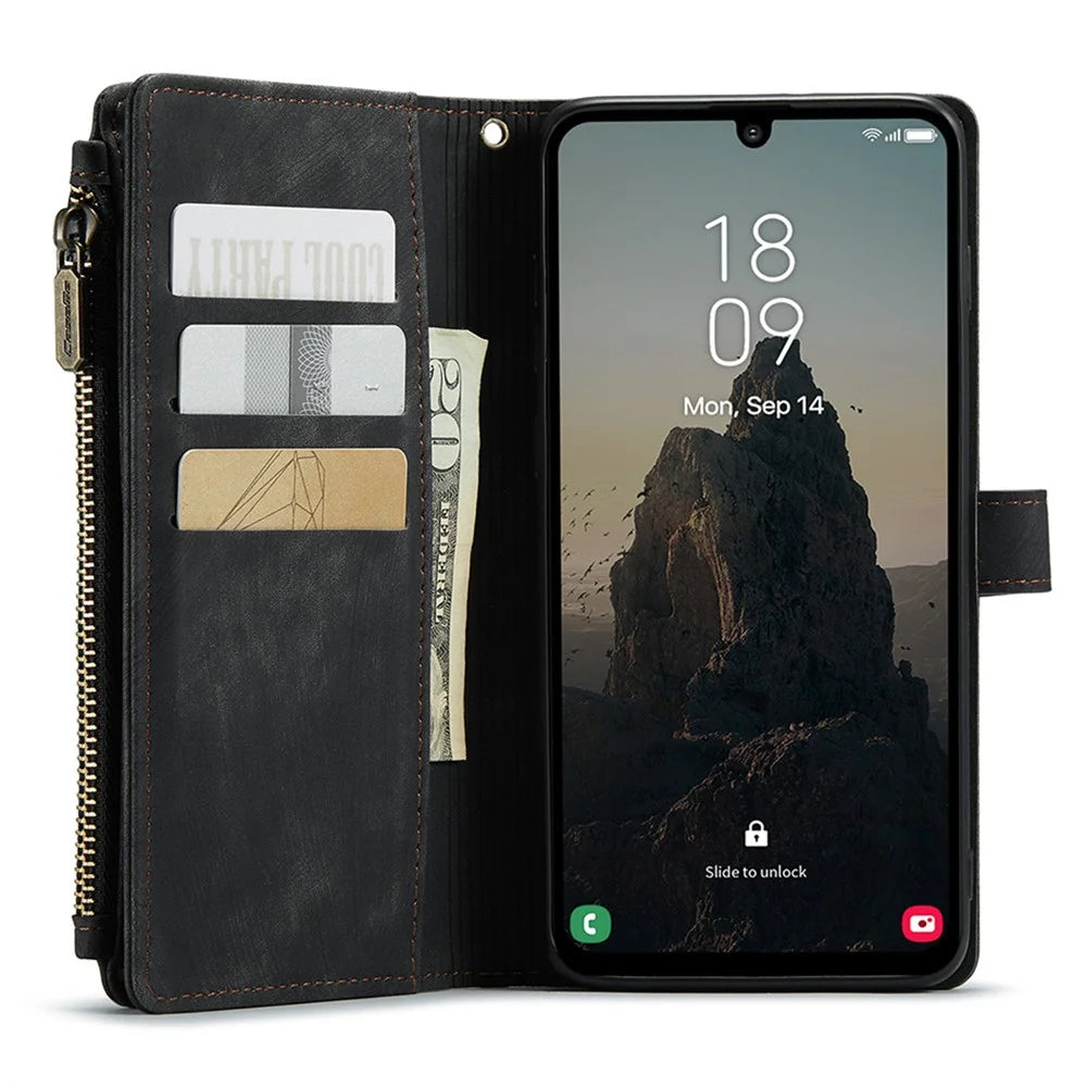 For Samsung Galaxy A25 5G (Global) (161mm) Phone Cases with Strap CASEME C30 Zipper Multiple Card Holder PU Leather Cover - Black - 3