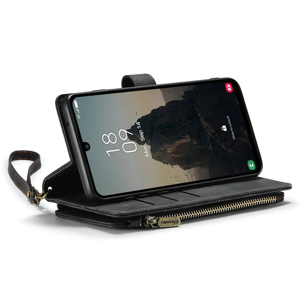 For Samsung Galaxy A25 5G (Global) (161mm) Phone Cases with Strap CASEME C30 Zipper Multiple Card Holder PU Leather Cover - Black - 4