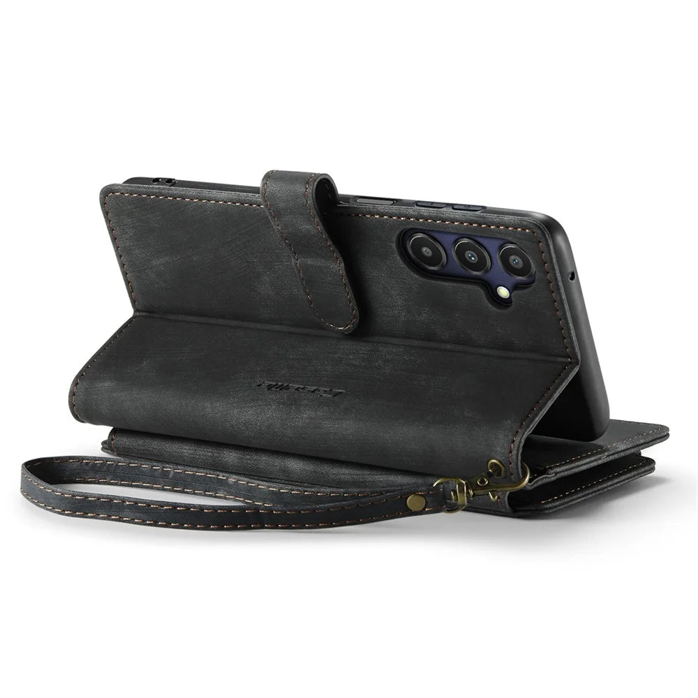 For Samsung Galaxy A25 5G (Global) (161mm) Phone Cases with Strap CASEME C30 Zipper Multiple Card Holder PU Leather Cover - Black - 5