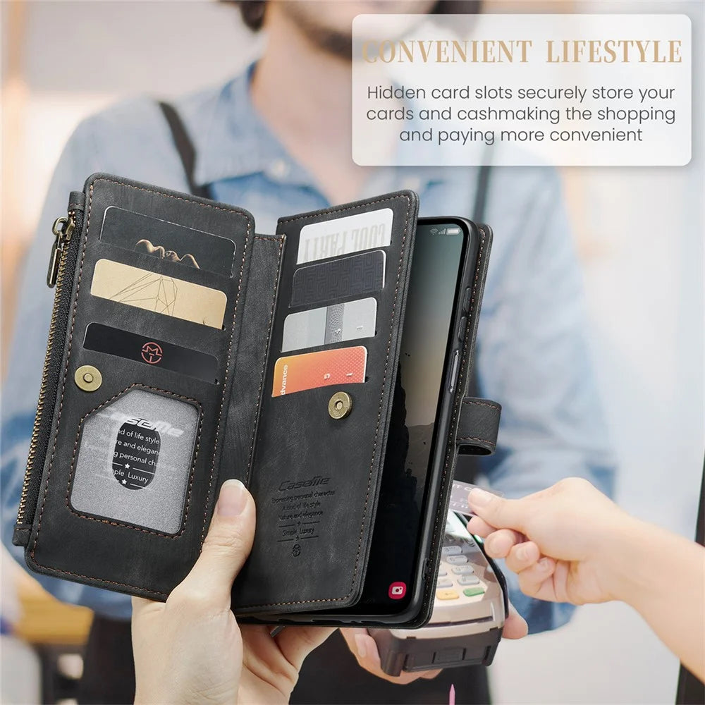For Samsung Galaxy A25 5G (Global) (161mm) Phone Cases with Strap CASEME C30 Zipper Multiple Card Holder PU Leather Cover - Black - 6