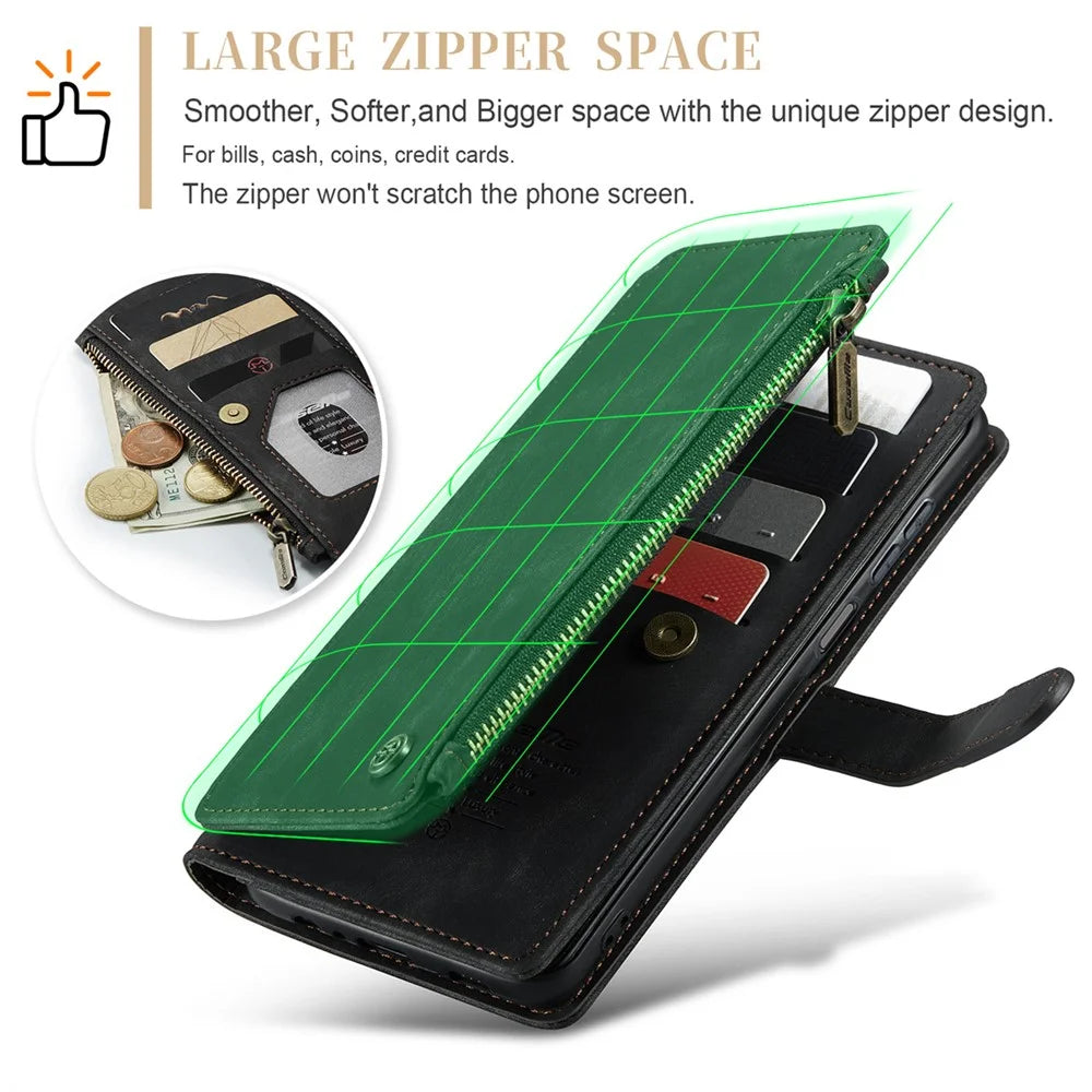 For Samsung Galaxy A25 5G (Global) (161mm) Phone Cases with Strap CASEME C30 Zipper Multiple Card Holder PU Leather Cover - Black - 7